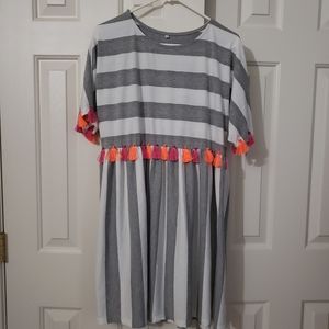 Boho Grey and White striped dress w Tassels Sz S